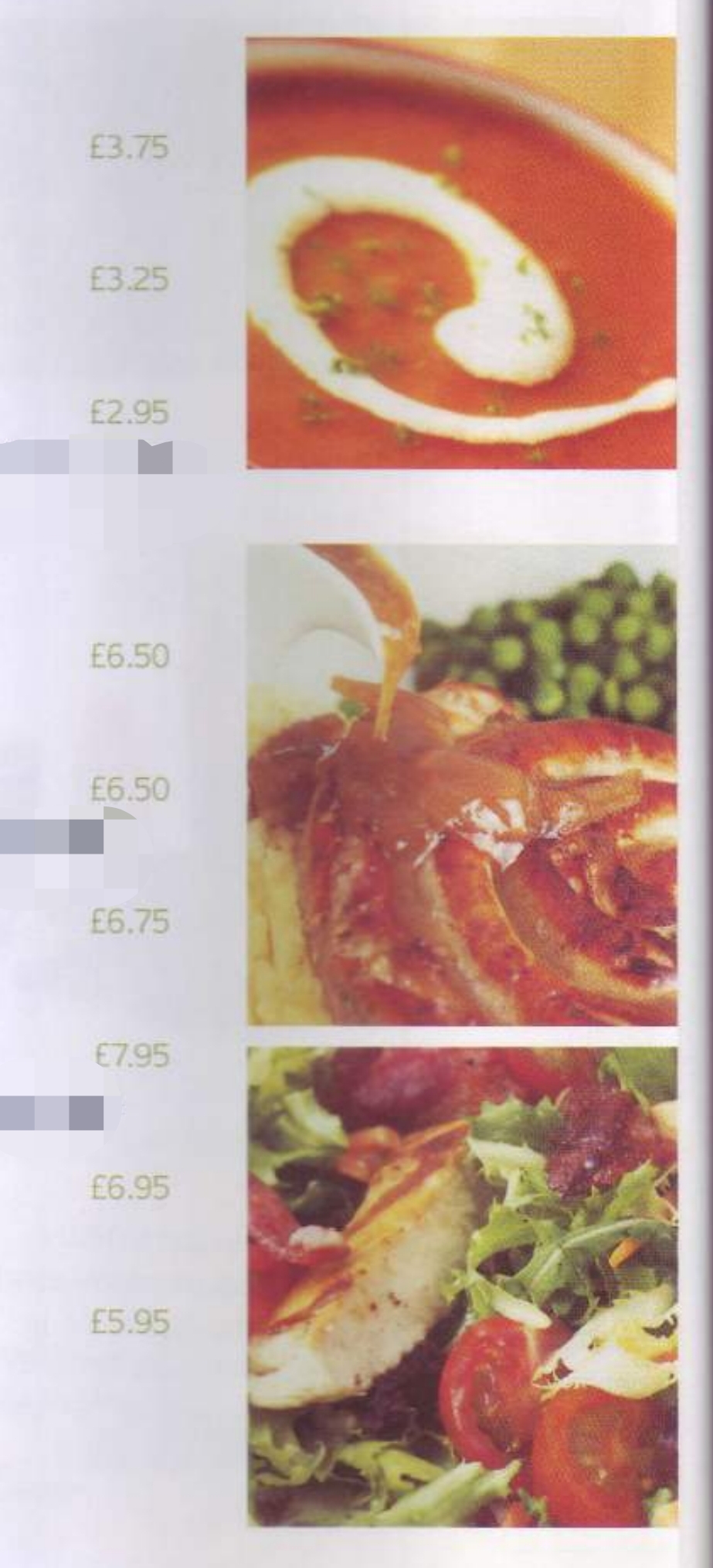 تصاویری از غذاهای منو شامل سوپ، سوسیس و پوره، و سالاد مرغ