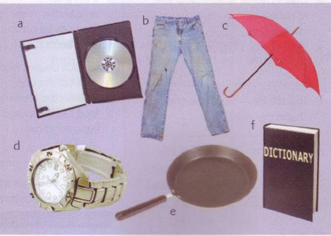 اشیاء شامل دی‌وی‌دی، شلوار جین، چتر، ساعت مچی، ماهیتابه و دیکشنری